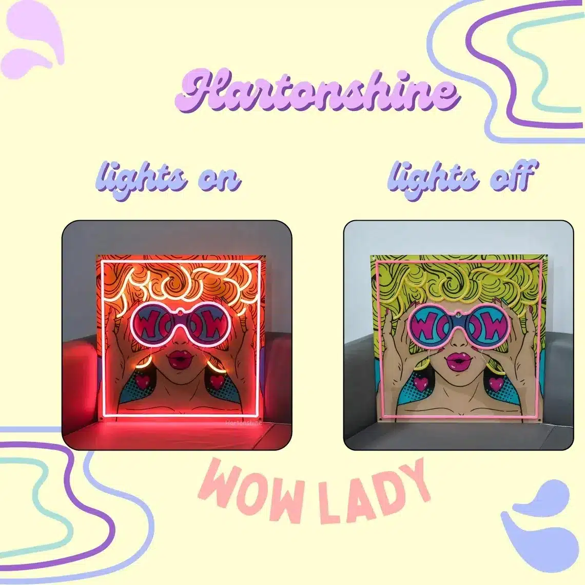 enseigne néon Pop Art Lady – visage féminin flashy style BD – déco murale colorée en LED – jusqu’à 180 cm – fan art non officiel – Image 3