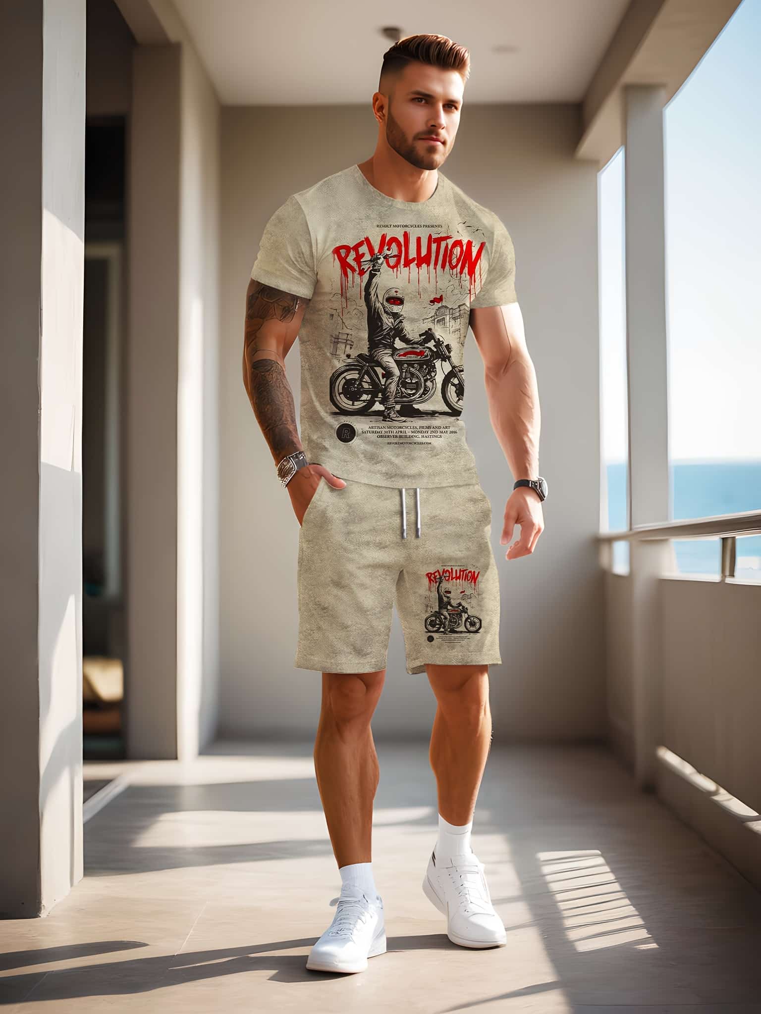 Ensemble été rétro homme imprimé moto 3D – T-shirt manches courtes + short décontracté – Tenue estivale confortable style motard vintage – Image 3