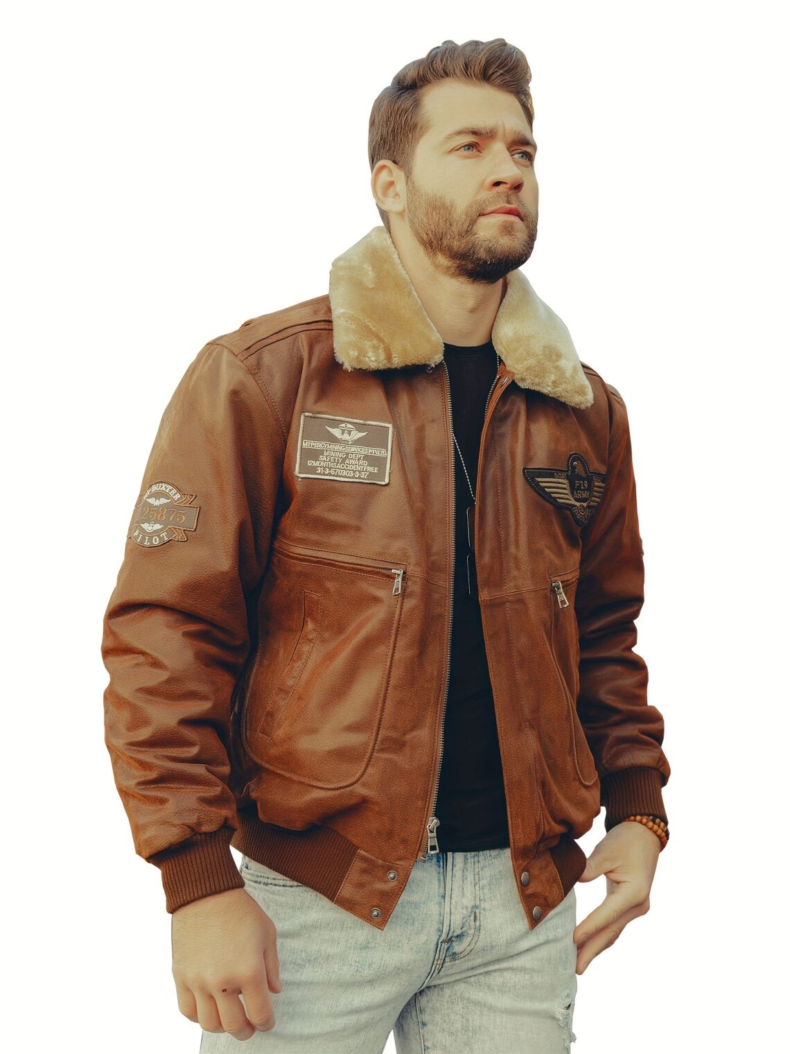 Veste bomber homme cuir véritable col fausse fourrure amovible – blouson aviateur hiver style vintage marron – Image 2