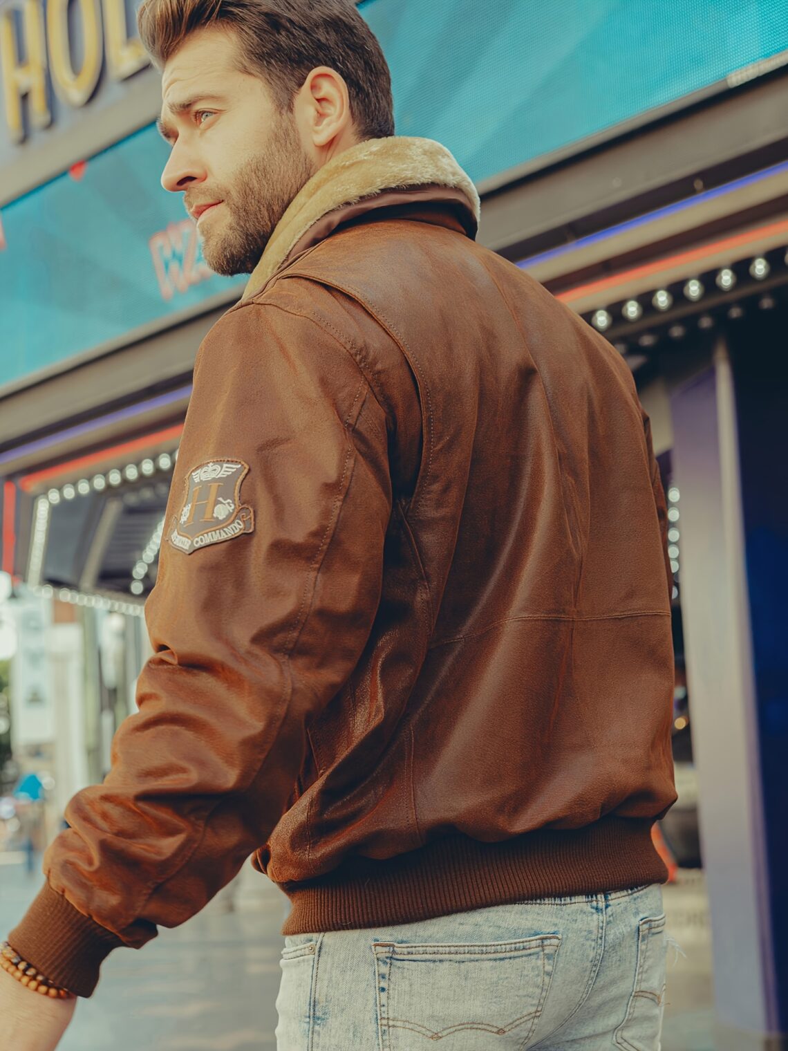 Veste bomber homme cuir véritable col fausse fourrure amovible – blouson aviateur hiver style vintage marron – Image 3