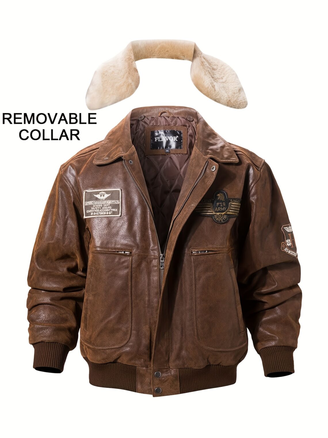 Veste bomber homme cuir véritable col fausse fourrure amovible – blouson aviateur hiver style vintage marron – Image 5