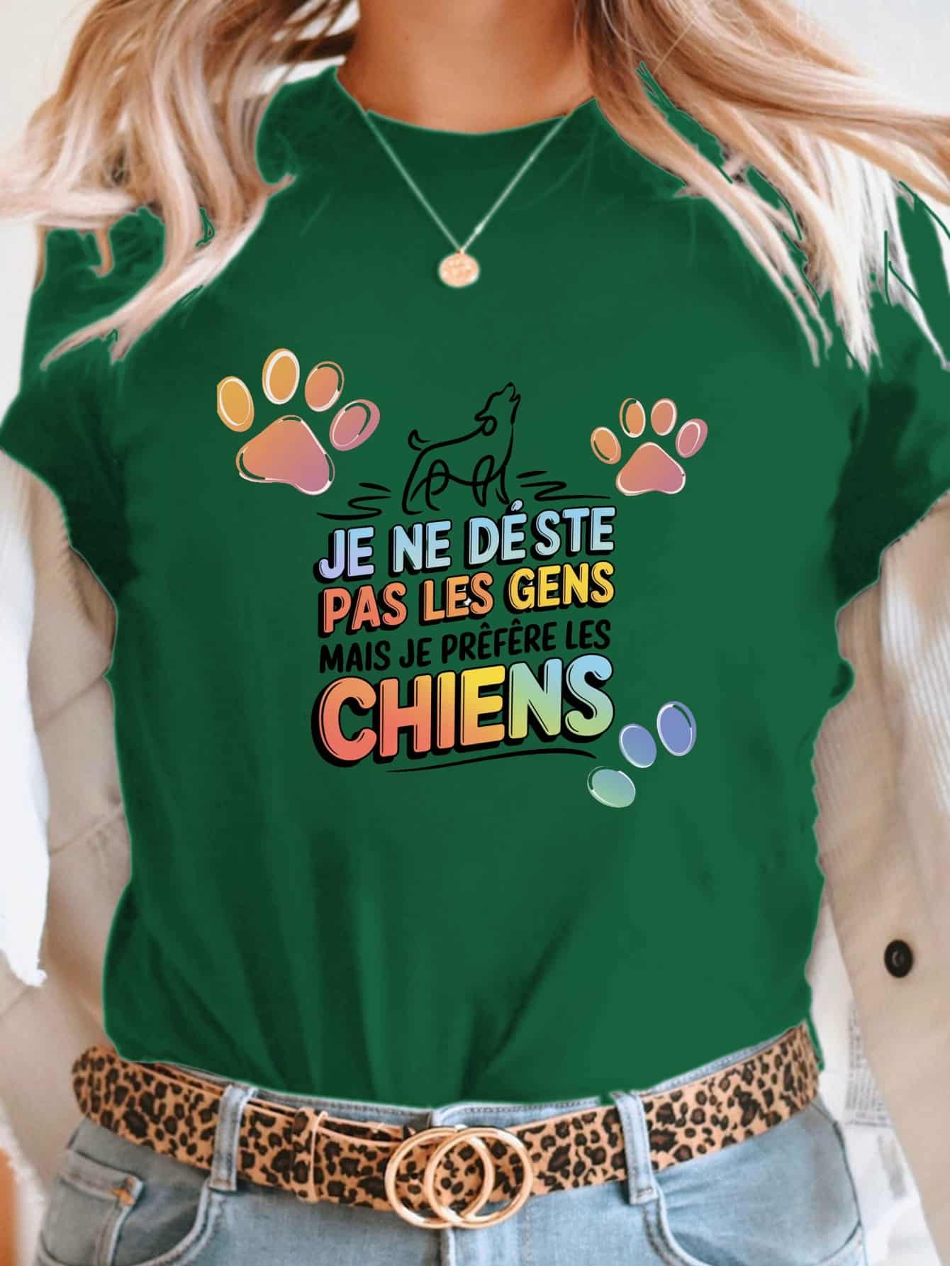T-shirt femme imprimé humour « Je préfère les chiens » – Col rond, manches courtes – Coupe décontractée pour l’été – Image 3